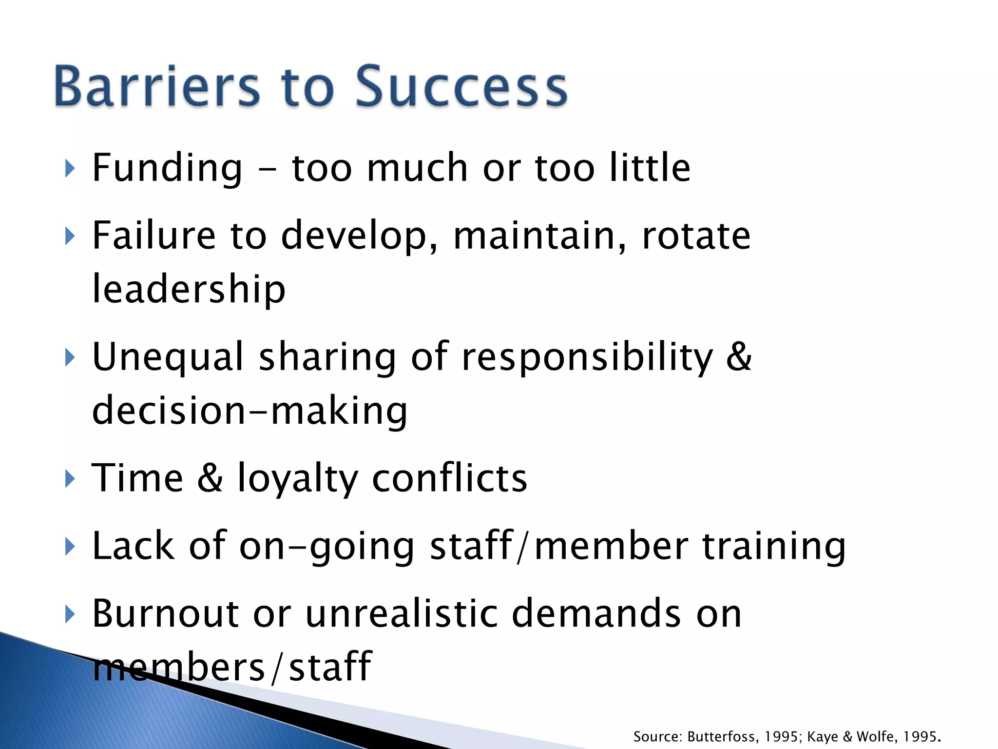 Funding - too much or too little Failure to develop, maintain, rotate leadership Unequal sharing of responsibility & decision-making Time & loyalty conflicts Lack of on-going staff/member training Burnout or unrealistic demands on members/staff Source: Butterfoss, 1995; Kaye & Wolfe, 1995 . 