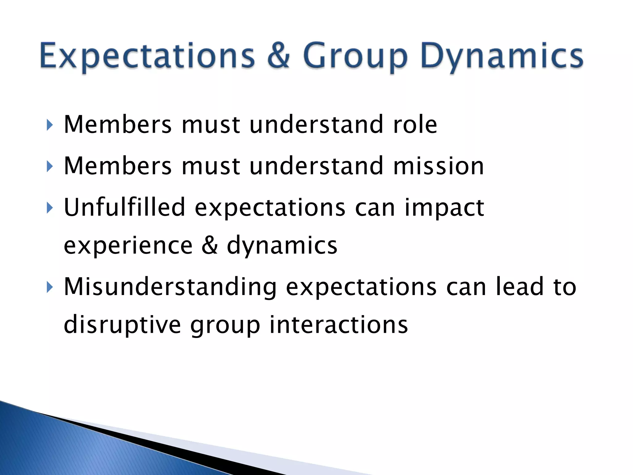 Members must understand role Members must understand mission Unfulfilled expectations can impact experience & dynamics Misunderstanding expectations can lead to disruptive group interactions 