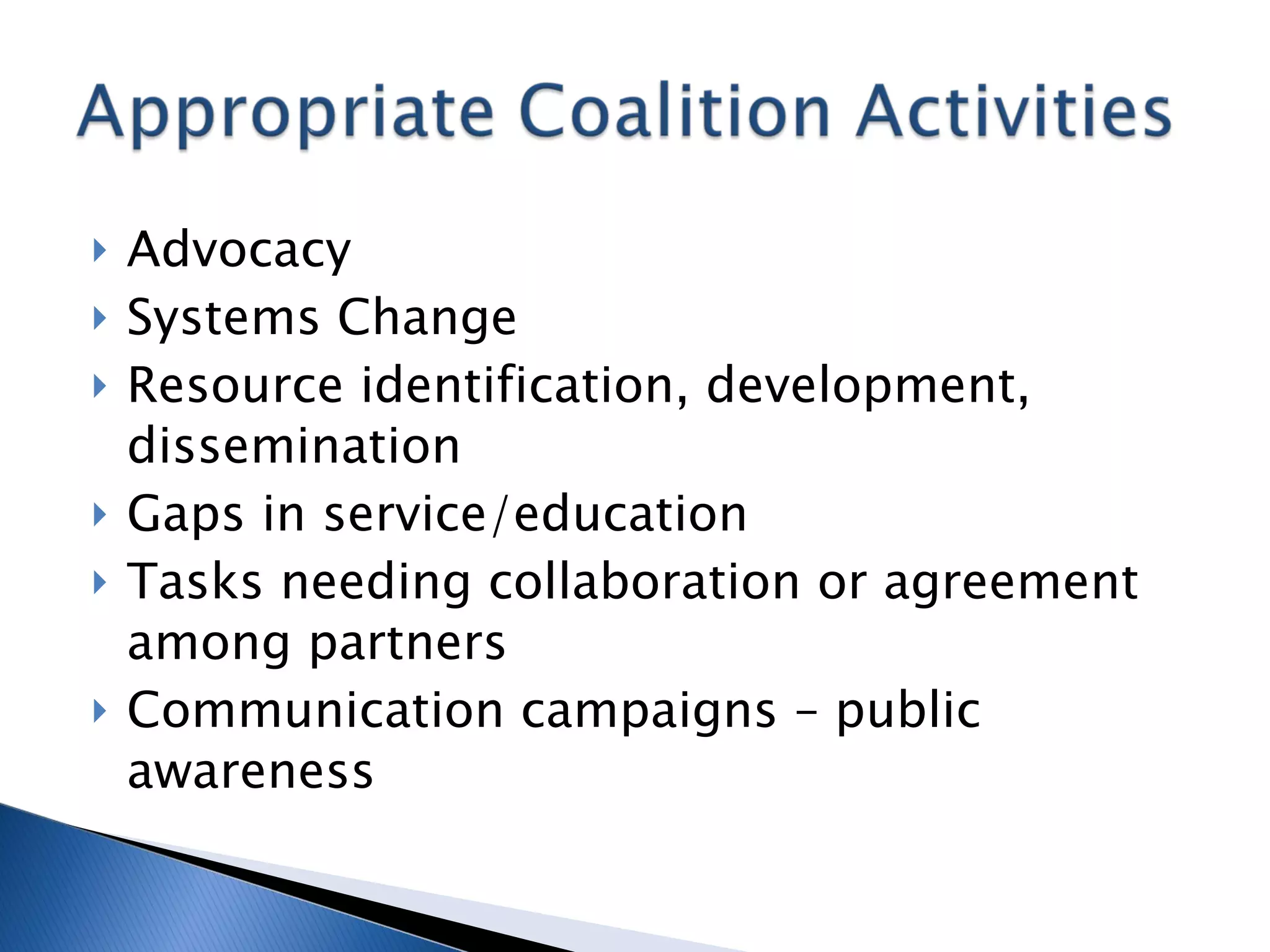 Advocacy  Systems Change Resource identification, development, dissemination Gaps in service/education Tasks needing collaboration or agreement among partners Communication campaigns – public awareness 