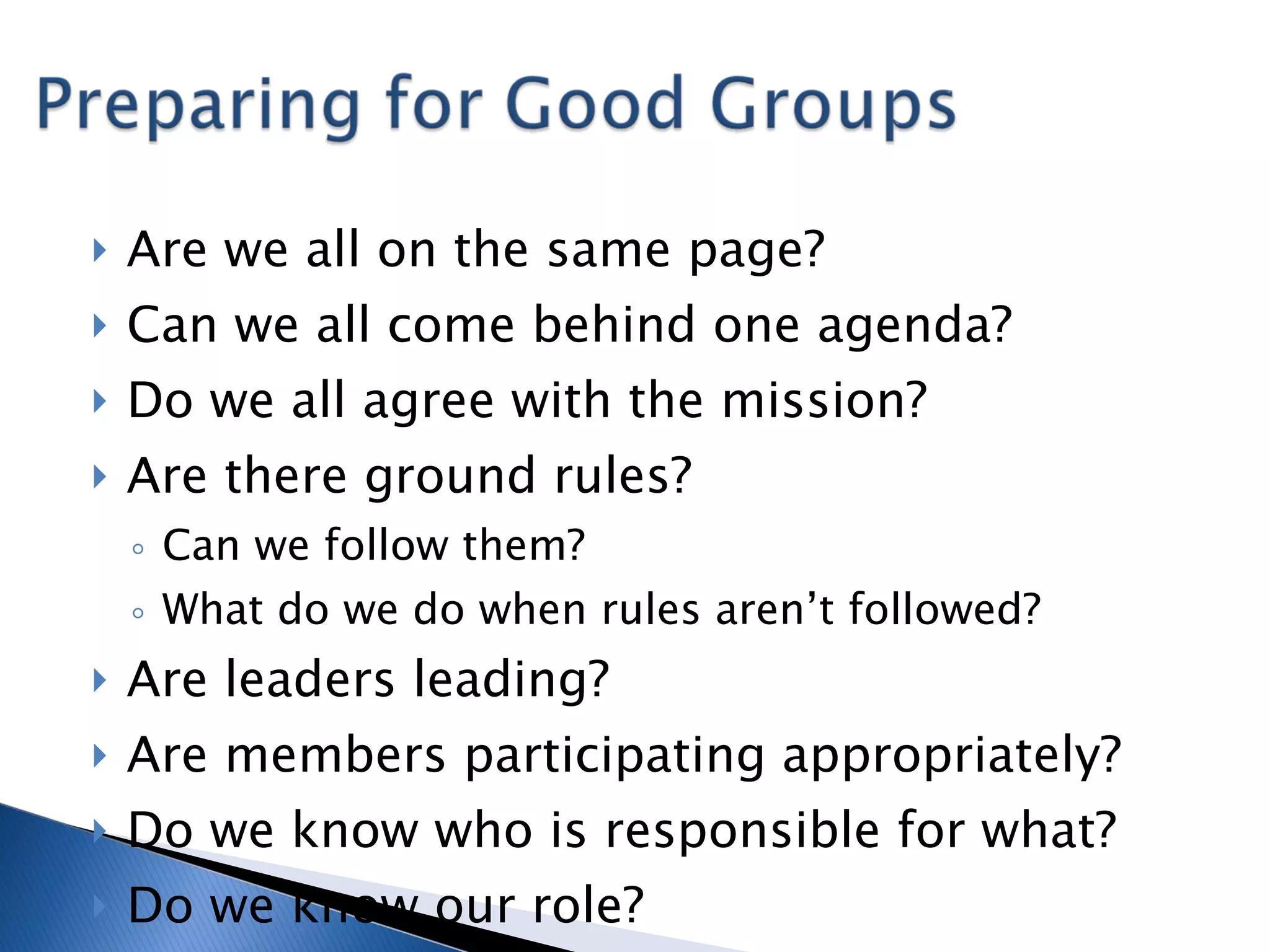 Are we all on the same page? Can we all come behind one agenda? Do we all agree with the mission? Are there ground rules?  Can we follow them? What do we do when rules aren’t followed? Are leaders leading? Are members participating appropriately? Do we know who is responsible for what? Do we know our role? 