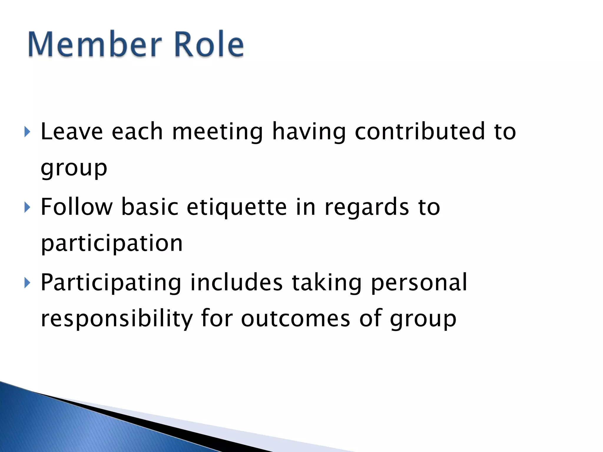 Leave each meeting having contributed to group Follow basic etiquette in regards to participation Participating includes taking personal responsibility for outcomes of group  
