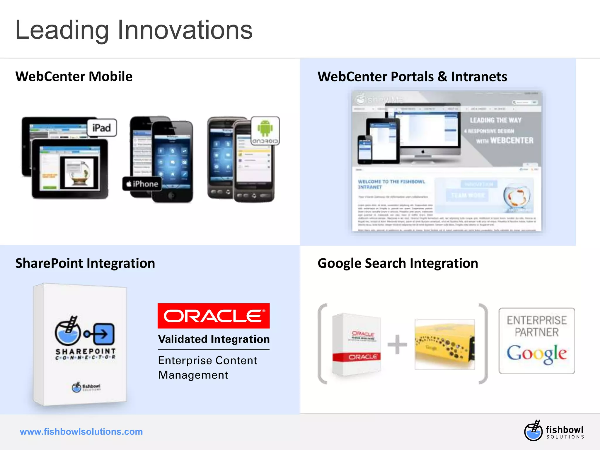 Leading Innovations 
WebCenter Mobile WebCenter Portals & Intranets 
SharePoint Integration Google Search Integration 
www.fishbowlsolutions.com 
 