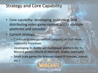 Strategy and Core Capability

• Core capability: developing, publishing, and
  distributing video game content across multiple
  platforms and consoles
• Current strategy:
   – Continue to release content (sequels) of their most
     successful franchises
   – Developing its Battle.net multiplayer platform for its
     Blizzard games (World of WarCraft, Diablo, StarCraft)
   – Small scale games for licensed based IP (movies, brands,
     etc.)
 