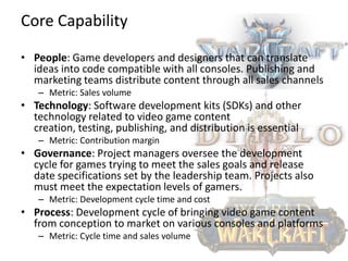 Core Capability

• People: Game developers and designers that can translate
  ideas into code compatible with all consoles. Publishing and
  marketing teams distribute content through all sales channels
   – Metric: Sales volume
• Technology: Software development kits (SDKs) and other
  technology related to video game content
  creation, testing, publishing, and distribution is essential
   – Metric: Contribution margin
• Governance: Project managers oversee the development
  cycle for games trying to meet the sales goals and release
  date specifications set by the leadership team. Projects also
  must meet the expectation levels of gamers.
   – Metric: Development cycle time and cost
• Process: Development cycle of bringing video game content
  from conception to market on various consoles and platforms
   – Metric: Cycle time and sales volume
 