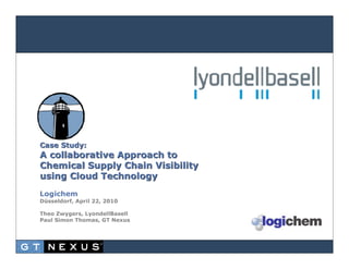 Case Study:
A collaborative Approach to
Chemical Supply Chain Visibility
using Cloud Technology
Logichem
Düsseldorf, April 22, 2010

Theo Zwygers, LyondellBasell
Paul Simon Thomas, GT Nexus
 