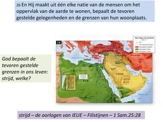26 En Hij maakt uit één elke natie van de mensen om het
oppervlak van de aarde te wonen, bepaalt de tevoren
gestelde gelegenheden en de grenzen van hun woonplaats.
God bepaalt de
tevoren gestelde
grenzen in ons leven:
strijd, welke?
strijd – de oorlogen van IEUE – Filistijnen – 1 Sam.25:28
 