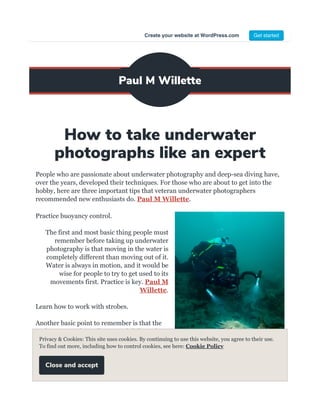 Image source: leisurepro.com
How to take underwater
photographs like an expert
People who are passionate about underwater photography and deep-sea diving have,
over the years, developed their techniques. For those who are about to get into the
hobby, here are three important tips that veteran underwater photographers
recommended new enthusiasts do. Paul M Willette.
Practice buoyancy control.
The first and most basic thing people must
remember before taking up underwater
photography is that moving in the water is
completely different than moving out of it.
Water is always in motion, and it would be
wise for people to try to get used to its
movements first. Practice is key. Paul M
Willette.
Learn how to work with strobes.
Another basic point to remember is that the
underwater realm is illuminated differently
from the light above the water. Things appear
more green and blue. A strobe is needed to
shoot images of subjects closer to their
natural colors. Paul M Willette.
Paul M Willette
Privacy & Cookies: This site uses cookies. By continuing to use this website, you agree to their use.
To find out more, including how to control cookies, see here: Cookie Policy
Close and accept
Create your website at WordPress.com Get started
 