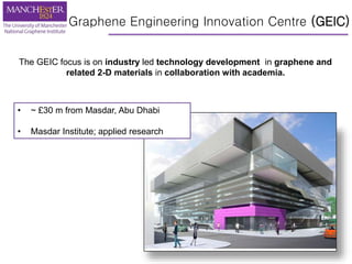 Graphene Engineering Innovation Centre (GEIC)
The GEIC focus is on industry led technology development in graphene and
related 2-D materials in collaboration with academia.
• ~ £30 m from Masdar, Abu Dhabi
• Masdar Institute; applied research
 