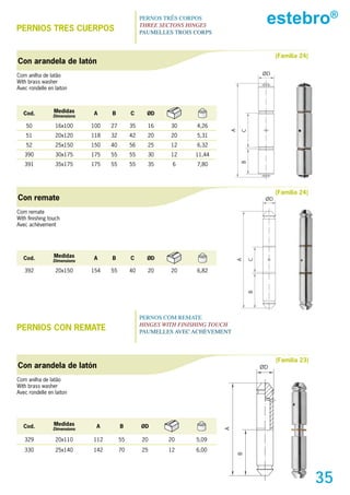 PERNIOs TREs CUERPOs
                                                  PERNOS TRÊS CORPOS
                                                  THREE SECTONS HINGES
                                                                                         estebro®
                                                  PAUMELLES TROIS CORPS



                                                                                              (Familia 24)
Con arandela de latón
Com anilha de latão                                                                     ØD
With brass washer
Avec rondelle en laiton



   Cod.          Medidas     A     B         C      ØD
                Dimensions

    50           16x100      100   27        35     16     30     4,26




                                                                            A
                                                                                C
    51           20x120      118   32        42     20     20     5,31
    52           25x150      150   40        56     25     12     6,32
   390           30x175      175   55        55     30     12     11,44




                                                                                B
   391           35x175      175   55        55     35     6      7,80




                                                                                              (Familia 24)
Con remate                                                                               ØD

Com remate
With finishing touch
Avec achèvement




   Cod.          Medidas     A     B         C      ØD
                                                                                    C
                                                                                A


                Dimensions

   392           20x150      154   55        40     20     20     6,82
                                                                                    B




                                                  PERNOS COM REMATE
                                                  HINGES WITH FINISHING TOUCH
PERNIOs CON REMATE                                PAUMELLES AVEC ACHÈVEMENT



                                                                                              (Familia 23)
Con arandela de latón                                                                   ØD

Com anilha de latão
With brass washer
Avec rondelle en laiton




   Cod.          Medidas      A         B         ØD
                Dimensions
                                                                          A




   329           20x110      112        55        20      20      5,09
   330           25x140      142        70        25      12      6,00
                                                                                B




                                                                                                             35
 