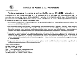 PRUEBAS DE ACCESO A LA UNIVERSIDAD

     Ponderaciones para el acceso a la universidad los cursos 2011/2012 y posteriores
De acuerdo con el Real Decreto 1892/2008, de 14 de noviembre (BOE de 24/11/2008), que regula las nuevas PAU, la
corrección de errores al Real Decreto (BOE de 28/3/2009) y la Orden EDU/1434/2008, de 29 de mayo (BOE de 4/6/2009),
que actualiza los anexos del Real Decreto, la Comisión Gestora de los Procesos de Acceso y Pre-inscripción Universitaria, en
su reunión del miércoles 17 de junio de 2009, ha acordado:
   A) Este acuerdo de ponderaciones es válido para dos cursos. En él constan las ponderaciones de todas las titulaciones universitarias para
      ambos cursos, el 2011/2012 y el 2012/2013.

   B) Con respecto a las ponderaciones aplicables a los estudiantes de los ciclos formativos, según la Orden EDU/3242/2010, de 9 de diciembre,
      por la que se determina el contenido de la fase específica de la prueba de acceso a la universidad que podrán realizar quienes estén en
      posesión de un título de técnico superior de formación profesional, de técnico superior de artes plásticas y diseño o de técnico deportivo
      superior y equivalentes, las ponderacions para estos estudiantes serán las mismas que las aplicables a los estudiantes de bachillerato.

   C) Con respecto a las ponderaciones de las asignaturas que constan en los anexos del Real Decreto y que no son de segundo curso de
      bachillerato en nuestra comunidad autónoma, a los estudiantes que vengan de otras comunidades autónomas y las hayan cursado en
      segundo curso de bachillerato, se les aplicarán ponderaciones de 0,1 en todas estas asignaturas (Anatomía Aplicada, Artes Escénicas,
      Cultura Audiovisual, Economía, Historia del Mundo Contemporáneo y Volumen) en las ramas de conocimiento correspondientes según
      la normativa del BOE.

   D) Respecto a las titulaciones dobles, sus ponderaciones serán las aplicadas en cada una de las titulaciones con el máximo de ponderación en
      las asignaturas que tengan ponderaciones en ambas titulaciones.

Código de universidades:
UA – Universidad de Alicante
UJI – Universidad Jaume I
UMH – Universidad Miguel Hernández de Elche
UPV – Universidad Politécnica de Valencia
UV – Universidad de Valencia Estudio General
                                                                                                                                              1
 