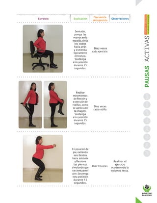 Ejercicio Explicación
Frecuencia
del ejercicio
Observaciones
Sentado,
ponga las
manosenla
espalda, dirija
los codos
hacia atrás
y extienda
ligeramente
el tronco.
Sostenga
esta posición
durante 15
segundos.
Diez veces
cada ejercicio
Realice
movimientos
deflexióny
extensiónde
rodillas, como
se apreciaen
laimagen.
Sostenga
esta posición
durante 15
segundos.
Diez veces
cada rodilla
Enposición de
pie,extienda
sus brazos
hacia adelante
yflexione
las piernas
simulando que
sesientaenel
aire.Sostenga
esta posición
durante 15
segundos.
Diez10veces
Realizar el
ejercicio
manteniendo la
columna recta.
 