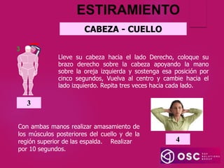 3
Lleve su cabeza hacia el lado Derecho, coloque su
brazo derecho sobre la cabeza apoyando la mano
sobre la oreja izquierda y sostenga esa posición por
cinco segundos, Vuelva al centro y cambie hacia el
lado izquierdo. Repita tres veces hacia cada lado.
CABEZA - CUELLO
ESTIRAMIENTO
Con ambas manos realizar amasamiento de
los músculos posteriores del cuello y de la
región superior de las espalda. Realizar
por 10 segundos.
4
 