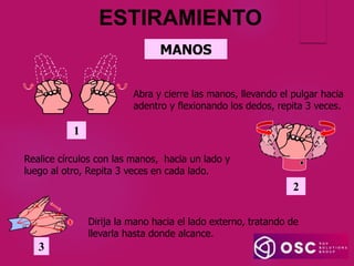 MANOS
1
Abra y cierre las manos, llevando el pulgar hacia
adentro y flexionando los dedos, repita 3 veces.
2
Realice círculos con las manos, hacia un lado y
luego al otro, Repita 3 veces en cada lado.
3
Dirija la mano hacia el lado externo, tratando de
llevarla hasta donde alcance.
ESTIRAMIENTO
 