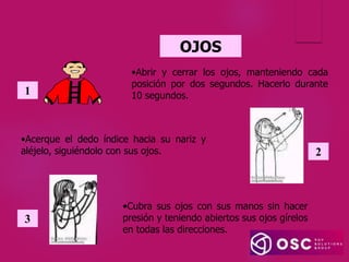 OJOS
•Cubra sus ojos con sus manos sin hacer
presión y teniendo abiertos sus ojos gírelos
en todas las direcciones.
3
•Abrir y cerrar los ojos, manteniendo cada
posición por dos segundos. Hacerlo durante
10 segundos.
1
•Acerque el dedo índice hacia su nariz y
aléjelo, siguiéndolo con sus ojos. 2
 