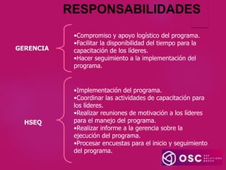 RESPONSABILIDADES
•Compromiso y apoyo logístico del programa.
•Facilitar la disponibilidad del tiempo para la
capacitación de los líderes.
•Hacer seguimiento a la implementación del
programa.
GERENCIA
•Implementación del programa.
•Coordinar las actividades de capacitación para
los líderes.
•Realizar reuniones de motivación a los líderes
para el manejo del programa.
•Realizar informe a la gerencia sobre la
ejecución del programa.
•Procesar encuestas para el inicio y seguimiento
del programa.
HSEQ
 