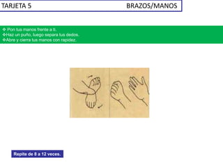 TARJETA 5 BRAZOS/MANOS
 Pon tus manos frente a ti.
Haz un puño, luego separa tus dedos.
Abre y cierra tus manos con rapidez.
Repite de 8 a 12 veces.
 