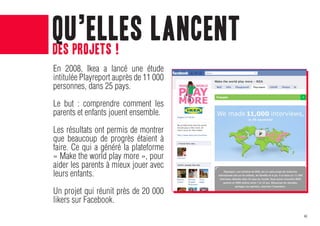 qu’elles lancent
des projets !
En 2008, Ikea a lancé une étude
intitulée Playreport auprès de 11 000
personnes, dans 25 pays.

Le but : comprendre comment les
parents et enfants jouent ensemble.

Les résultats ont permis de montrer
que beaucoup de progrès étaient à
faire. Ce qui a généré la plateforme
« Make the world play more », pour
aider les parents à mieux jouer avec
leurs enfants.

Un projet qui réunit près de 20 000
likers sur Facebook.
                                        46
 