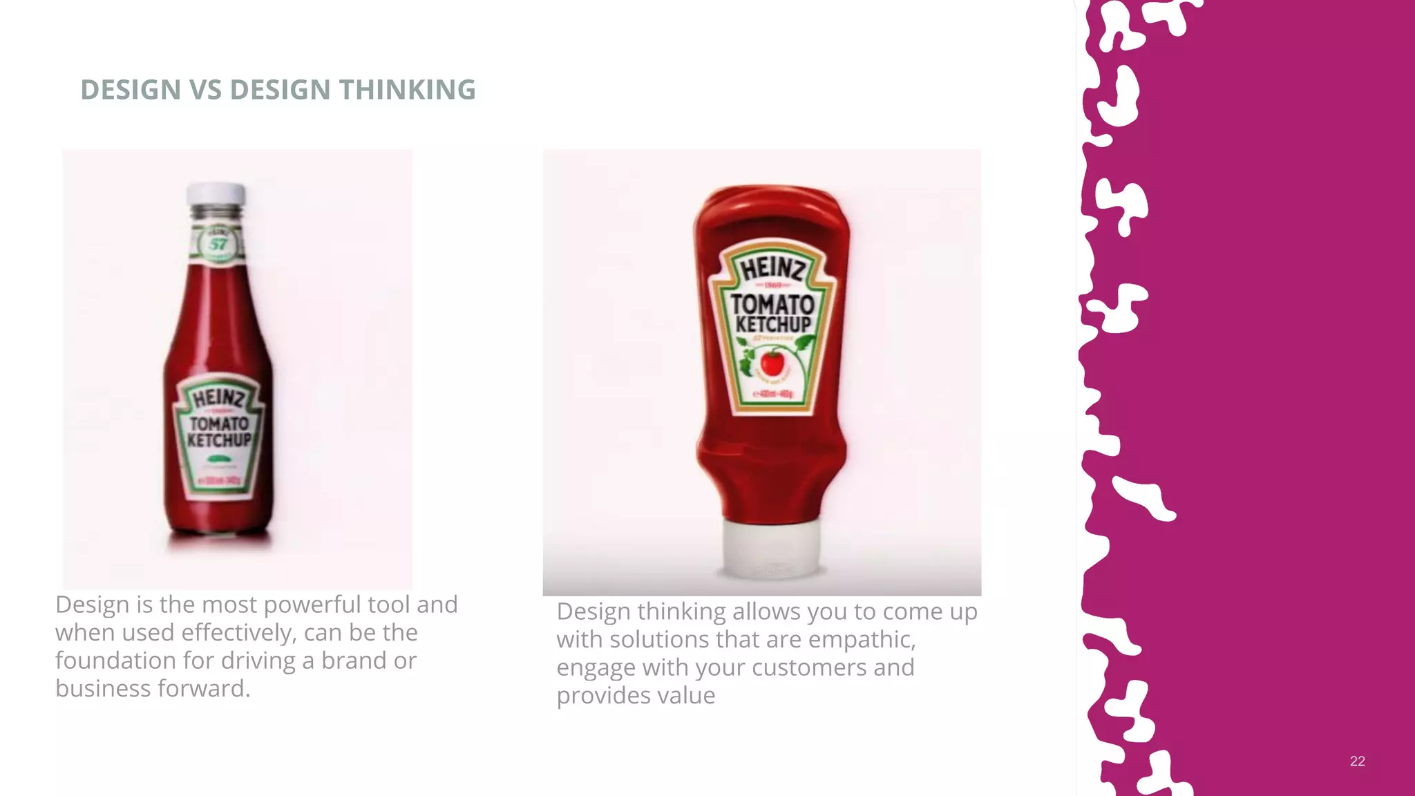 2222
DESIGN VS DESIGN THINKING
Design thinking allows you to come up
with solutions that are empathic,
engage with your customers and
provides value
Design is the most powerful tool and
when used effectively, can be the
foundation for driving a brand or
business forward.
 
