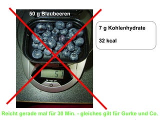 50 g Blaubeeren 7 g Kohlenhydrate 32 kcal Reicht gerade mal für 30 Min. - gleiches gilt für Gurke und Co.  