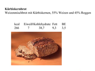 Kürbiskernbrot Weizenmischbrot mit Kürbiskernen, 55% Weizen und 45% Roggen kcal Eiweiß Kohlehydrate Fett  BE 266   7   38,7 9,3 3,5 