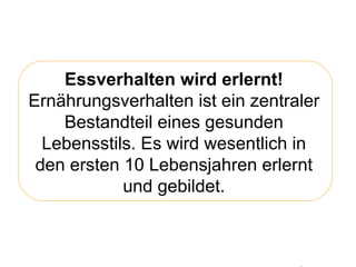 Essverhalten wird erlernt!  Ernährungsverhalten ist ein zentraler Bestandteil eines gesunden Lebensstils. Es wird wesentlich in den ersten 10 Lebensjahren erlernt und gebildet. 