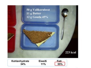 Kohlenhydrate  Eiweiß  Fett 34%   11%  55% 50 g Vollkornbrot 11 g Butter 12 g Gouda 45% 223 kcal 