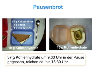 50 g Vollkornbrot 11 g Butter 12 g Gouda 45% 18 g Kohlenhydrate 19 g Kohlenhydrate 37 g Kohlenhydrate um 9:30 Uhr in der Pause  gegessen, reichen ca. bis 13:30 Uhr Pausenbrot 