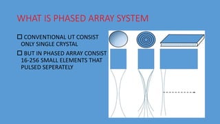WHAT IS PHASED ARRAY SYSTEM
 CONVENTIONAL UT CONSIST
ONLY SINGLE CRYSTAL
 BUT IN PHASED ARRAY CONSIST
16-256 SMALL ELEMENTS THAT
PULSED SEPERATELY
 