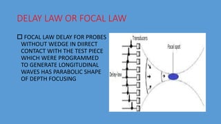 DELAY LAW OR FOCAL LAW
 FOCAL LAW DELAY FOR PROBES
WITHOUT WEDGE IN DIIRECT
CONTACT WITH THE TEST PIECE
WHICH WERE PROGRAMMED
TO GENERATE LONGITUDINAL
WAVES HAS PARABOLIC SHAPE
OF DEPTH FOCUSING
 