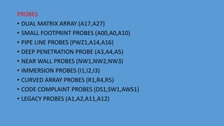 PROBES
• DUAL MATRIX ARRAY (A17,A27)
• SMALL FOOTPRINT PROBES (A00,A0,A10)
• PIPE LINE PROBES (PWZ1,A14,A16)
• DEEP PENETRATION PROBE (A3,A4,A5)
• NEAR WALL PROBES (NW1,NW2,NW3)
• IMMERSION PROBES (I1,I2,I3)
• CURVED ARRAY PROBES (R1,R4,R5)
• CODE COMPLAINT PROBES (DS1,SW1,AWS1)
• LEGACY PROBES (A1,A2,A11,A12)
 