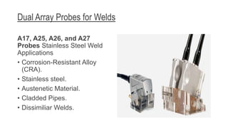 Dual Array Probes for Welds
A17, A25, A26, and A27
Probes Stainless Steel Weld
Applications
• Corrosion-Resistant Alloy
(CRA).
• Stainless steel.
• Austenetic Material.
• Cladded Pipes.
• Dissimiliar Welds.
 