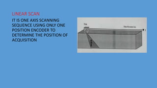 LINEAR SCAN
IT IS ONE AXIS SCANNING
SEQUENCE USING ONLY ONE
POSITION ENCODER TO
DETERMINE THE POSITION OF
ACQUISITION
 