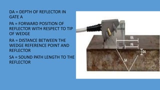 DA = DEPTH OF REFLECTOR IN
GATE A
PA = FORWARD POSITION OF
REFLECTOR WITH RESPECT TO TIP
OF WEDGE
RA = DISTANCE BETWEEN THE
WEDGE REFERENCE POINT AND
REFLECTOR
SA = SOUND PATH LENGTH TO THE
REFLECTOR
 