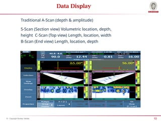 10
© - Copyright Bureau Veritas
Data Display
Traditional A-Scan (depth & amplitude)
S-Scan (Section view) Volumetric location, depth,
height C-Scan (Top view) Length, location, width
B-Scan (End view) Length, location, depth
 