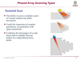 8
© - Copyright Bureau Veritas
Phased Array Scanning Types
Sectorial Scan
► The ability to scan a complete sector
of volume without any probe
movement.
► Useful for inspection of complex
geometries, or geometries with
space restrictions.
► Combines the advantages of a wide
beam and/or multiple focused
probes in a single phased array
probe.
 
