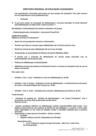 DIRETORIA REGIONAL DE EDUCAÇÃO GUAIANASES
nas experiências vivenciadas pelo grupo em seus tempos de estudante? Tem sido comuns
em sua experiências como professoras (es)
• Avaliação
 O que seria avaliar na concepção de alfabetização e currículo abordado no Pacto Nacional
pela Alfabetização na Idade Certa ( neste encontro ) ?
Socialização e sistematização dos estudos realizados nos grupos
...Sistematização pelo orientador(a) – documento PowerPoint
COMPARTILHANDO...
Objetivos do Ensino Fundamental I
• Dentro de uma perspectiva inclusiva e democrática:
• Garantir que todas as crianças sejam alfabetizadas até o final do primeiro ciclo.
• Direito da criança de estar alfabetizada até os 8 anos de idade.
• Compreender as propriedades do Sistema de Escrita Alfabética (SEA).
• É preciso que o processo de alfabetização da criança esteja articulado com as
particularidades socioculturais dela.
• Práticas de alfabetização contextualizadas.
• Alfabetizar promovendo práticas de letramento (inserir a criança em situações reais de uso da
leitura e da escrita
Para saber mais:
• Unidade 1, Ano 1, azul – Avaliação no ciclo cle alfabetização (p. 24-29)
• Unidade 1, Ano 2, laranja – Avaliação no ciclo de alfabetização: o monitoramento do processo
de ensino e de aprendizagem das crianças (p. 19-26)
• Unidade 1, Ano 3, verde – Avaliação para inclusão: alfabetização para todos (p. 22-27)
Tarefa Pessoal:
• Comparar os quadros de “ Direitos de Aprendizagem – em Língua Portuguesa” com o
documento curricular (OC) do Município de São Paulo;
• Perfil da Turma -
• Analisar atividades didáticas de alfabetização (análise linguística/SEA) do(s) seu(s) livro
didático,relacionando-as aos quadros de direitos de aprendizagem, e o quanto e como estas
estão organizadas na sua rotina de trabalho. (trazer a atividade analisada para o próximo
encontro).
• Organizando o nosso percurso formativo – teórico e prático
• Portfólio
• Registro reflexivo (escrito, fotografado e/ou filmado)
Aprendendo mais...
• Livro: Guilherme Augusto Araújo Fernandes – Mem Fox e Julie Vivas
Ed. Brinque-Book
Equipe Pedagógica/SP2013
Orientadora de estudo – Ester Marques de Paula Dionisio
3
 