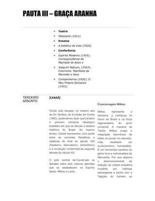 PAUTA III – GRAÇA ARANHA
 Teatro
 Malazarte (1911).
 Ensaios
 A Estética da Vida (1920).
 Conferência
 Espírito Moderno (1925);
Correspondência de
Machado de Assis e
 Joaquim Nabuco, (1923);
Futurismo. Manifesto de
Marinetti e Seus
 Companheiros (1926); O
Meu Próprio Romance
(1931).
TERCEIRO
ASSUNTO
[CANAÃ]
Tendo sido lançado no mesmo ano
de Os Sertões, de Euclides da Cunha
(1902), poderíamos dizer queCanaã é
o primeiro romance ideológico
brasileiro em que se discute o destino
histórico do Brasil. Ao mesmo
tempo, Canaã representou uma ponte
entre as correntes filosóficas e
estéticas do final do século XIX
(Realismo, Naturalismo, Simbolismo)
e a revolução modernista da segunda
década do século XX.
O pólo central de Canaã são os
debates entre dois colonos alemães
que se estabelecem no Espírito
Santo: Milkau e Lentz.
O personagem Milkau
Milkau representa o
otimismo, a confiança no
futuro do Brasil e na força
regeneradora do amor
universal. A maneira de
Tolstói, Milkau prega a
integração harmônica de
todos os povos na natureza-
mãe, revelando um
evolucionismo humanitário.
É um humanista saudoso do
gênio livre e individualista da
Alemanha. Por isso deplora
o desmoronamento da
tradição da cidade brasileira
invadida por colônias
estrangeiras e sonha com a
“ligação do homem ao
 