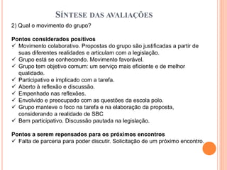 SÍNTESE DAS AVALIAÇÕES
2) Qual o movimento do grupo?
Pontos considerados positivos
 Movimento colaborativo. Propostas do grupo são justificadas a partir de
suas diferentes realidades e articulam com a legislação.
 Grupo está se conhecendo. Movimento favorável.
 Grupo tem objetivo comum: um serviço mais eficiente e de melhor
qualidade.
 Participativo e implicado com a tarefa.
 Aberto à reflexão e discussão.
 Empenhado nas reflexões.
 Envolvido e preocupado com as questões da escola polo.
 Grupo manteve o foco na tarefa e na elaboração da proposta,
considerando a realidade de SBC
 Bem participativo. Discussão pautada na legislação.
Pontos a serem repensados para os próximos encontros
 Falta de parceria para poder discutir. Solicitação de um próximo encontro.
 
