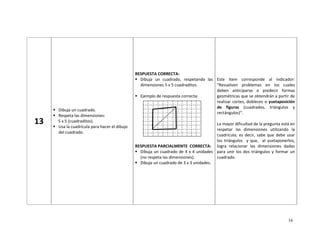 16
13
Dibuja un cuadrado.
Respeta las dimensiones:
5 x 5 (cuadraditos).
Usa la cuadrícula para hacer el dibujo
del cuadrado.
RESPUESTA CORRECTA:
Dibuja un cuadrado, respetando las
dimensiones 5 x 5 cuadraditos.
Ejemplo de respuesta correcta:
RESPUESTA PARCIALMENTE CORRECTA:
Dibuja un cuadrado de 4 x 4 unidades
(no respeta las dimensiones).
Dibuja un cuadrado de 3 x 3 unidades.
Este ítem corresponde al indicador:
“Resuelven problemas en los cuales
deben anticiparse o predecir formas
geométricas que se obtendrán a partir de
realizar cortes, dobleces o yuxtaposición
de figuras (cuadrados, triángulos y
rectángulos)”.
La mayor dificultad de la pregunta está en
respetar las dimensiones utilizando la
cuadrícula; es decir, sabe que debe usar
los triángulos y que, al yuxtaponerlos,
logra relacionar las dimensiones dadas
para unir los dos triángulos y formar un
cuadrado.
 