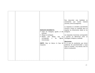 17
RESPUESTA INCORRECTA:
Copia los triángulos iguales al del
estímulo.
Dibuja un rectángulo.
Realiza otro dibujo, que no
corresponde a las figuras
mencionadas.
OMITE: Deja en blanco la hoja de
respuesta.
Para desarrollar esta habilidad, es
conveniente usar mucho material
concreto, como los tangramas.
La respuesta se considera parcialmente
correcta si hacen un cuadrado, pero no
respetan las dimensiones dadas en los
triángulos.
Las respuestas incorrectas corresponden
a quienes no diferencian entre un
rectángulo, triángulo y cuadrado.
Observación:
En el caso de estudiantes que tienen
problemas de psicomotricidad y cuyas
líneas no resultan muy exactas, esto no
afecta la evaluación.
 