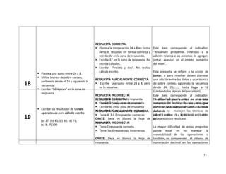 21
18
Plantea una suma entre 24 y 8.
Utiliza técnica de sobre conteo,
partiendo desde el 24 y siguiendo la
secuencia.
Escribe “32 lápices” en la zona de
respuesta.
RESPUESTA CORRECTA:
Plantea la cooperación 24 + 8 en forma
vertical; resuelve en forma correcta y
escribe 32 en la zona de respuesta.
Escribe 32 en la zona de respuesta. No
escribe cálculos.
Escribe “treinta y dos”. No realiza
cálculo escrito.
RESPUESTA PARCIALMENTE CORRECTA:
Escribe una suma entre 24 y 8, pero
no la resuelve.
RESPUESTA INCORRECTA:
Escribe 8 en la zona de respuesta.
Escribe 31 en la zona de respuesta.
Escribe 48 en la zona de respuesta
Escribe 100 en la zona de respuesta.
OMITE: Deja en blanco la hoja de
respuesta.
Este ítem corresponde al indicador:
“Resuelven problemas referidos a la
adición relativa a las acciones de agregar,
juntar, avanzar, en el ámbito numérico
del nivel”.
Esta pregunta se refiere a la acción de
juntar, y para resolver deben plantear
una adición entre los datos o usar técnica
de sobre conteo, siguiendo la secuencia
desde 24, 25,……, hasta llegar a 32
(contando los lápices del portalápiz).
La dificultad puede estar en una baja
comprensión lectora, lo que hará que
planteen una sustracción con los datos
dados o no manejen las técnicas de
sobre conteo y cometan un error
colocando otro resultado.19
Escribe los resultados de las seis
operaciones para cálculo escrito:
(a) 37; (b) 40; (c) 30; (d) 75;
(e) 8; (f) 100
RESPUESTA CORRECTA:
Tiene 6 ó 5 respuestas correctas.
RESPUESTA PARCIALMENTE CORRECTA:
Tiene 4, 3 ó 2 respuestas correctas.
RESPUESTA INCORRECTA:
Tiene 1 respuesta correcta.
Tiene las 6 respuestas incorrectas.
OMITE: Deja en blanco la hoja de
respuesta.
Este ítem corresponde al indicador:
“Realizan cálculos escritos en el ámbito
numérico del nivel utilizando estrategias
como la descomposición aditiva de cada
sumando
(40 +13 = 40 + 10 + 3; 26 – 18 = 26 -10 -
8)”.
La mayor dificultad de estas preguntas
puede estar en no manejar la
reversibilidad de las operaciones o
también, no comprender el sistema de
numeración decimal en las operaciones
 