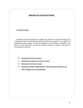 23
ANÁLISIS DE LOS RESULTADOS
A. Tabla de Puntaje
Se definen los siguientes puntajes y códigos para clasificar los tipos de respuesta, con
la finalidad de que al momento de realizar el análisis por pregunta en una planilla, el
profesor(a), pueda agrupar los ítems por logrado, en vías de logro, no logrado y, por
último, no hay información, en caso de respuestas omitidas o dibujos o rayas que no
correspondan al estímulo.
Respuestas correctas: 2 puntos.
Respuestas parcialmente correctas: 1 punto.
Respuestas incorrectas: 0 punto.
Respuestas omitidas: código 99 (para hoja de respuesta en blanco, con
rayas o dibujos que no corresponden).
 
