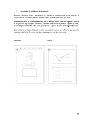 32
Resolución de problemas de geometría.
Alumnas y alumnos deben ser capaces de diferenciar una forma de otra y, además, al
doblar o cortar una forma predecir la nueva forma y las características que tendrá.
Estos ítemes están en correspondencia al OF de NB1 del marco curricular vigente: “Utilizar
la imaginación espacial para anticipar y constatar formas que se generan a partir de otras,
mediante procedimientos tales como yuxtaponer y separar diversas formas geométricas”.
Esta habilidad se logra utilizando mucho material concreto o un software, que permita
visualizar los efectos de cortar una figura o yuxtaponer una figura con otra.
Ejemplo 1. Ejemplo 2.
 