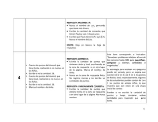 6
RESPUESTA INCORRECTA:
• Marca el nombre de Luis, pensando
que tiene más dinero.
• Escribe la cantidad de monedas que
tienen Paula y Luis (13 cada uno).
• Escribe que Paula tiene $57 y Luis $76.
Marca el nombre de Luis.
OMITE: Deja en blanco la hoja de
respuesta.
4
Cuenta los puntos del dominó que
tiene Anita, realizando o no marcas en
las fichas.
Escribe o no la cantidad: 28.
Cuenta los puntos del dominó que
tiene José, realizando o no marcas en
las fichas.
Escribe o no la cantidad: 33.
Marca el nombre de Anita.
RESPUESTA CORRECTA:
Escribe la cantidad de puntos que
obtienen Anita y José, escribiendo en
la zona de respuesta o en otro lugar
de la página. Marca el nombre de
Anita.
Marca en la zona de respuesta Anita.
No registra marcas y no escribe las
cantidades de puntos.
RESPUESTA PARCIALMENTE CORRECTA:
Escribe la cantidad de puntos que
obtiene Anita en la zona de respuesta
o en otro lugar de la página. No marca
nombre.
Este ítem corresponde al indicador:
“Resuelven problemas relativos al uso de
los números hasta 100, para cuantificar,
comparar y estimar, cantidades o
magnitudes”.
La estrategia para resolver esta pregunta
puede ser variada, pero se espera que
cuenten de 2 en 2 y de 5 en 5, los puntos
de Anita y José, respectivamente. Algunos
de los estudiantes pueden contar de 1 en
1 los puntos de ambos niños, lo que
muestra que aún están en una etapa
inicial de conteo.
Pueden o no escribir la cantidad de
puntos y luego comparar ambas
cantidades para responder que ganó
Anita.
 