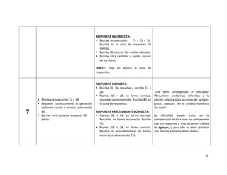 9
RESPUESTA INCORRECTA:
Escribe la operación 75 - 25 = 50.
Escribe en la zona de respuesta 50
metros.
Escribe 50 metros. No realiza cálculos.
Escribe otra cantidad o repite alguno
de los datos.
OMITE: Deja en blanco la hoja de
respuesta.
7
Plantea la operación 52 + 28.
Resuelve correctamente la operación
en forma escrita o mental, obteniendo
80.
Escribe en la zona de respuesta 80
pesos.
RESPUESTA CORRECTA:
Escribe 80. No resuelve y escribe 52 +
28.
Plantea 52 + 28, en forma vertical;
resuelve correctamente. Escribe 80 en
la zona de respuesta.
RESPUESTA PARCIALMENTE CORRECTA:
Plantea 52 + 28, en forma vertical.
Resuelve en forma incorrecta. Escribe
70.
Plantea 52 + 28, en forma vertical.
Realiza los procedimientos en forma
incorrecta, obteniendo 710.
Este ítem corresponde al indicador:
“Resuelven problemas referidos a la
adición relativa a las acciones de agregar,
juntar, avanzar, en el ámbito numérico
del nivel”.
La dificultad puede estar en la
comprensión lectora o en no comprender
que corresponde a una situación aditiva
de agregar, y para ello se debe plantear
una adición entre los datos dados.
 