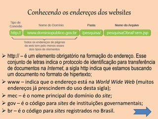 Conhecendo os endereços dos websites
 http:// – é um elemento obrigatório na formação do endereço. Esse
conjunto de letras indica o protocolo de identificação para transferência
de documentos na Internet, a sigla http indica que estamos buscando
um documento no formato de hipertexto;
 www – indica que o endereço está na World Wide Web (muitos
endereços já prescindem do uso desta sigla);
 mec – é o nome principal do domínio do site;
 gov – é o código para sites de instituições governamentais;
 br – é o código para sites registrados no Brasil.
 