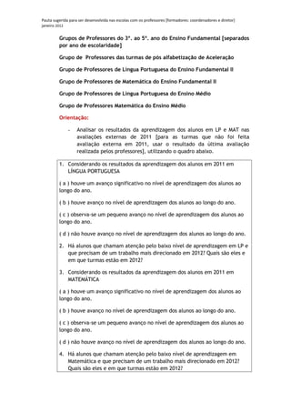 Pauta sugerida para ser desenvolvida nas escolas com os professores [formadores: coordenadores e diretor]
janeiro 2012

         Grupos de Professores do 3º. ao 5º. ano do Ensino Fundamental [separados
         por ano de escolaridade]

         Grupo de Professores das turmas de pós alfabetização de Aceleração

         Grupo de Professores de Língua Portuguesa do Ensino Fundamental II

         Grupo de Professores de Matemática do Ensino Fundamental II

         Grupo de Professores de Língua Portuguesa do Ensino Médio

         Grupo de Professores Matemática do Ensino Médio

         Orientação:

              -    Analisar os resultados da aprendizagem dos alunos em LP e MAT nas
                   avaliações externas de 2011 [para as turmas que não foi feita
                   avaliação externa em 2011, usar o resultado da última avaliação
                   realizada pelos professores], utilizando o quadro abaixo.

         1. Considerando os resultados da aprendizagem dos alunos em 2011 em
            LÍNGUA PORTUGUESA

         ( a ) houve um avanço significativo no nível de aprendizagem dos alunos ao
         longo do ano.

         ( b ) houve avanço no nível de aprendizagem dos alunos ao longo do ano.

         ( c ) observa-se um pequeno avanço no nível de aprendizagem dos alunos ao
         longo do ano.

         ( d ) não houve avanço no nível de aprendizagem dos alunos ao longo do ano.

         2. Há alunos que chamam atenção pelo baixo nível de aprendizagem em LP e
            que precisam de um trabalho mais direcionado em 2012? Quais são eles e
            em que turmas estão em 2012?

         3. Considerando os resultados da aprendizagem dos alunos em 2011 em
            MATEMÁTICA

         ( a ) houve um avanço significativo no nível de aprendizagem dos alunos ao
         longo do ano.

         ( b ) houve avanço no nível de aprendizagem dos alunos ao longo do ano.

         ( c ) observa-se um pequeno avanço no nível de aprendizagem dos alunos ao
         longo do ano.

         ( d ) não houve avanço no nível de aprendizagem dos alunos ao longo do ano.

         4. Há alunos que chamam atenção pelo baixo nível de aprendizagem em
            Matemática e que precisam de um trabalho mais direcionado em 2012?
            Quais são eles e em que turmas estão em 2012?
 