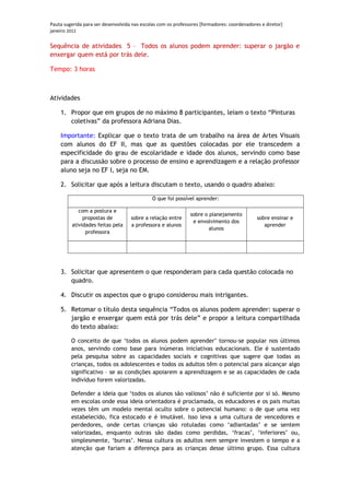 Pauta sugerida para ser desenvolvida nas escolas com os professores [formadores: coordenadores e diretor]
janeiro 2012

Sequência de atividades 5 – Todos os alunos podem aprender: superar o jargão e
enxergar quem está por trás dele.

Tempo: 3 horas



Atividades

    1. Propor que em grupos de no máximo 8 participantes, leiam o texto “Pinturas
       coletivas” da professora Adriana Dias.

    Importante: Explicar que o texto trata de um trabalho na área de Artes Visuais
    com alunos do EF II, mas que as questões colocadas por ele transcedem a
    especificidade do grau de escolaridade e idade dos alunos, servindo como base
    para a discussão sobre o processo de ensino e aprendizagem e a relação professor
    aluno seja no EF I, seja no EM.

    2. Solicitar que após a leitura discutam o texto, usando o quadro abaixo:

                                              O que foi possível aprender:

            com a postura e
                                                               sobre o planejamento
              propostas de          sobre a relação entre                                    sobre ensinar e
                                                                e envolvimento dos
         atividades feitas pela     a professora e alunos                                       aprender
                                                                       alunos
               professora




    3. Solicitar que apresentem o que responderam para cada questão colocada no
       quadro.

    4. Discutir os aspectos que o grupo considerou mais intrigantes.

    5. Retomar o título desta sequência “Todos os alunos podem aprender: superar o
       jargão e enxergar quem está por trás dele” e propor a leitura compartilhada
       do texto abaixo:

         O conceito de que ‘todos os alunos podem aprender’ tornou-se popular nos últimos
         anos, servindo como base para inúmeras iniciativas educacionais. Ele é sustentado
         pela pesquisa sobre as capacidades sociais e cognitivas que sugere que todas as
         crianças, todos os adolescentes e todos os adultos têm o potencial para alcançar algo
         significativo – se as condições apoiarem a aprendizagem e se as capacidades de cada
         indivíduo forem valorizadas.

         Defender a ideia que ‘todos os alunos são valiosos’ não é suficiente por si só. Mesmo
         em escolas onde essa ideia orientadora é proclamada, os educadores e os pais muitas
         vezes têm um modelo mental oculto sobre o potencial humano: o de que uma vez
         estabelecido, fica estocado e é imutável. Isso leva a uma cultura de vencedores e
         perdedores, onde certas crianças são rotuladas como ‘adiantadas’ e se sentem
         valorizadas, enquanto outras são dadas como perdidas, ‘fracas’, ‘inferiores’ ou,
         simplesmente, ‘burras’. Nessa cultura os adultos nem sempre investem o tempo e a
         atenção que fariam a diferença para as crianças desse último grupo. Essa cultura
 