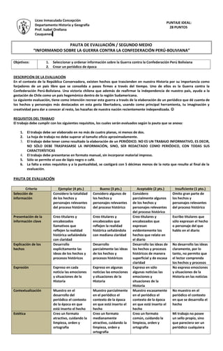 Liceo Inmaculada Concepción
                                                                                                     PUNTAJE IDEAL:
                Departamento Historia y Geografía
                                                                                                       28 PUNTOS
                Prof. Isabel Orellana
                Cauquenes

                              PAUTA DE EVALUACIÓN / SEGUNDO MEDIO
               “INFORMANDO SOBRE LA GUERRA CONTRA LA CONFEDERACIÓN PERÚ-BOLIVIANA”

Objetivos:             1.   Seleccionar y ordenar información sobre la Guerra contra la Confederación Perú Boliviana
                       2.   Crear un periódico de época

DESCRIPCIÓN DE LA EVALUACIÓN
En el contexto de la República Conservadora, existen hechos que trascienden en nuestra Historia por su importancia como
forjadores de un país libre que se consolida a pasos firmes a través del tiempo. Uno de ellos es la Guerra contra la
Confederación Perú-Boliviana. Una victoria chilena que además de reafirmar la independencia de nuestro país, ayuda a la
gestación de Chile como un país hegemónico dentro de la región Sudamericana.
La siguiente evaluación, tiene como intención recrear esta guerra a través de la elaboración de un periódico que dé cuenta de
los hechos y personajes más destacados en esta gesta libertadora, usando como principal herramienta, tu imaginación y
creatividad para dar a conocer al resto, las hazañas de nuestra nación recientemente independizada. 

REQUISITOS DEL TRABAJO
El trabajo debe cumplir con los siguientes requisitos, los cuales serán evaluados según la pauta que se anexa:

    1.     El trabajo debe ser elaborado en no más de cuatro planas, ni menos de dos.
    2.     La hoja de trabajo no debe superar al tamaño oficio aproximadamente.
    3.     El trabajo debe tener como resultado la elaboración de un PERIÓDICO. NO ES UN TRABAJO INFORMATIVO, ES DECIR,
           NO SÓLO DEBE TRASPASARSE LA INFORMACIÓN, SINO, SER REDACTADO COMO PERIÓDICO, CON TODAS SUS
           CARACTERÍSTICAS
    4.     El trabajo debe presentarse en formato manual, sin incorporar material impreso.
    5.     Sólo se permite el uso de lápiz negro o café.
    6.     La falta a estos requisitos y a la puntualidad, se castigará con 5 décimas menos de la nota que resulte al final de la
           evaluación.

PAUTA DE EVALUACIÓN

        Criterio               Ejemplar (4 pts.)          Bueno (3 pts.)          Aceptable (2 pts.)       Insuficiente (1 pto.)
Selección de                Considero la totalidad   Considero algunos de      Considero                 Omito gran parte de
información                 de los hechos y          los hechos y              parcialmente algunos      los hechos y
                            personajes relevantes    personajes relevantes     de los hechos y           personajes relevantes
                            del proceso histórico    del proceso histórico     personajes relevantes     del proceso histórico
                                                                               del proceso histórico
Presentación de la          Creo titulares y         Creo titulares y          Creo titulares y          Escribo titulares que
información clave           encabezados              encabezados que           encabezados que           sólo expresan el hecho
                            llamativos que           reflejen la realidad      expresan                  o personaje del que
                            reflejen la realidad     histórica señalándola     evidentemente los         hablo en el diario
                            histórica señalándola    con mediana claridad      hechos que relato en
                            con claridad                                       el diario
Explicación de los          Desarrollo               Desarrollo                Desarrollo las ideas de   No desarrollo las ideas
hechos                      explícitamente las       parcialmente las ideas    los hechos y procesos     claramente, por lo
                            ideas de los hechos y    de los hechos y           históricos de manera      tanto, no permito que
                            procesos históricos      procesos históricos       superficial y de escasa   el lector comprenda
                                                                               claridad                  los hechos y procesos
Expresión                   Expreso en cada          Expreso en algunas        Expreso en sólo           No expreso emociones
                            noticia las emociones    noticias las emociones    algunas noticias las      y situaciones de la
                            y situaciones de la      y situaciones de la       emociones y               Historia en las noticias
                            Historia                 Historia                  situaciones de la
                                                                               Historia
Contextualización           Muestro en el            Muestro parcialmente      Muestro escasamente       No muestro en el
                            desarrollo del           en el periódico el        en el periódico el        periódico el contexto
                            periódico el contexto    contexto de la época      contexto de la época      en que se desarrolla el
                            de la época en que       en que está inserto el    en que está inserto el    hecho
                            está inserto el hecho    hecho                     hecho
Estética                    Creo un formato          Creo un formato           Creo un formato           Mi trabajo no posee
                            atractivo, cuidando la   medianamente              común, cuidando la        un sello propio, sino
                            limpieza, orden y        atractivo, cuidando la    limpieza, orden y         que pareciera ser un
                            ortografía               limpieza, orden y         ortografía                periódico cualquiera
                                                     ortografía
 