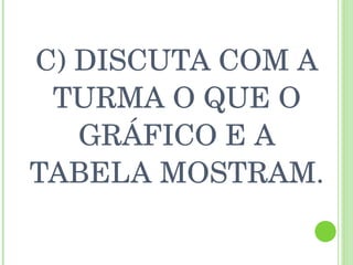 C) DISCUTA COM A TURMA O QUE O GRÁFICO E A TABELA MOSTRAM. 